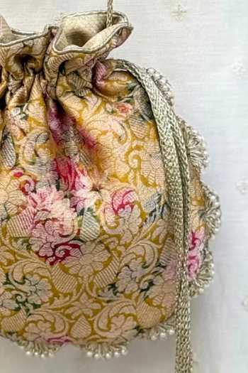 Buy Amyra Pink Pearls, Crystals, Tassels, Elora Brocade Potli Bag Pure Banarasi Silk With Buy_Amyra_Pink Pearls, Crystals, Tassels, Elora Brocade Potli Bag Pure Banarasi Silk With