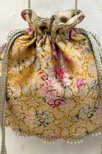 Shop Amyra Pink Pearls, Crystals, Tassels, Elora Brocade Potli Bag Pure Banarasi Silk With Shop_Amyra_Pink Pearls, Crystals, Tassels, Elora Brocade Potli Bag Pure Banarasi Silk With