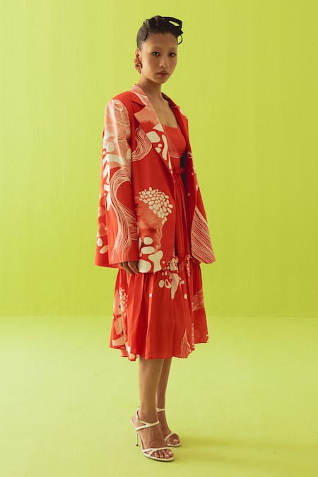 Buy_Esha Arora_Red Silk, Cotton Scoop Neck Gathered Dress With Blazer _Online_at_Aza_Fashions