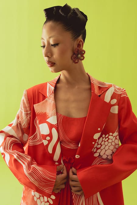 Shop_Esha Arora_Red Silk, Cotton Scoop Neck Gathered Dress With Blazer _Online_at_Aza_Fashions