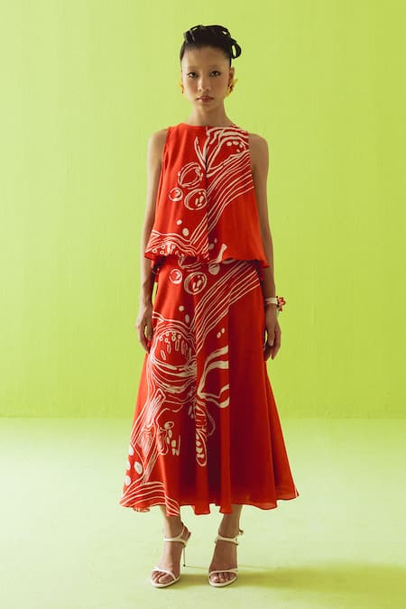 Esha Arora Hand Printed Abstract Top & Skirt Set 
