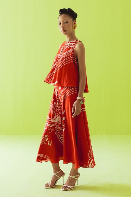 Buy Esha Arora Red Silk, Cotton High Neck Hand Printed Abstract Top And Skirt Set Online at Aza Fashions Buy_Esha Arora_Red Silk, Cotton High Neck Hand Printed Abstract Top And Skirt Set _Online_at_Aza_Fashions