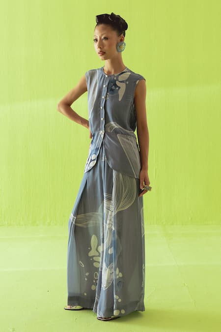 Buy_Esha Arora_Blue Crepe Round Neck Printed Waistcoat And Palazzo Set _Online_at_Aza_Fashions
