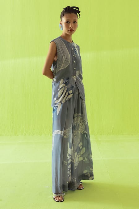 Shop_Esha Arora_Blue Crepe Round Neck Printed Waistcoat And Palazzo Set _Online_at_Aza_Fashions