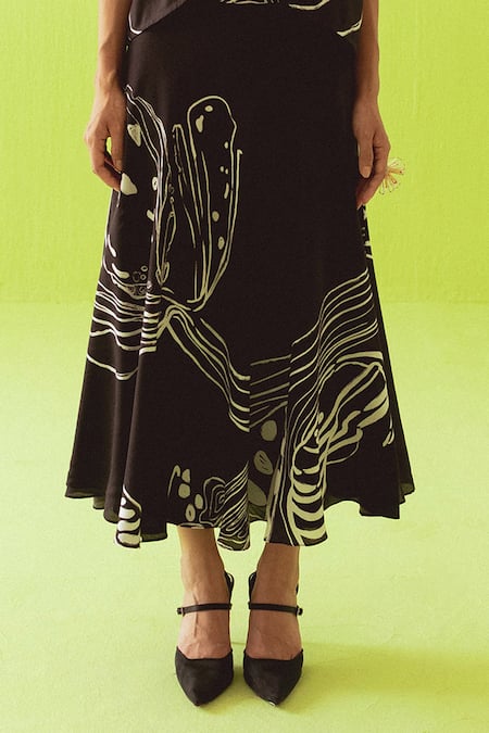 Esha Arora_Black Silk, Organza Round Neck Printed Top Skirt Set _Online_at_Aza_Fashions