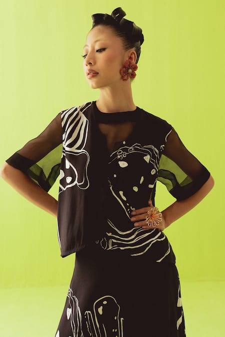 Shop_Esha Arora_Black Silk, Organza Round Neck Printed Top Skirt Set _Online_at_Aza_Fashions