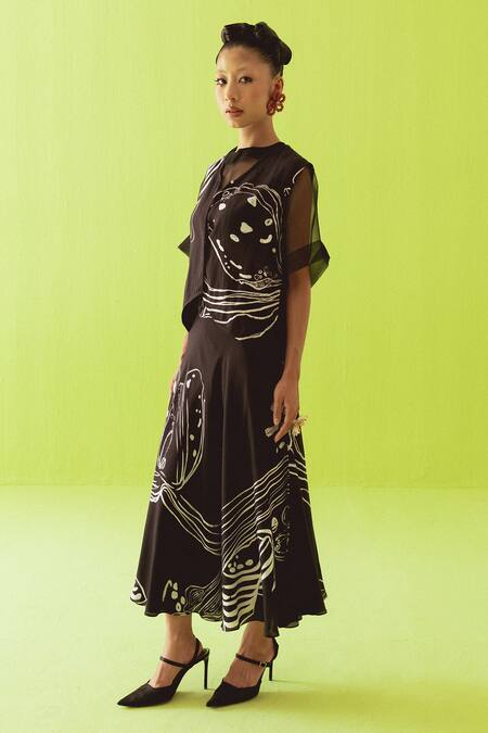 Esha Arora_Black Silk, Organza Round Neck Printed Top Skirt Set _at_Aza_Fashions