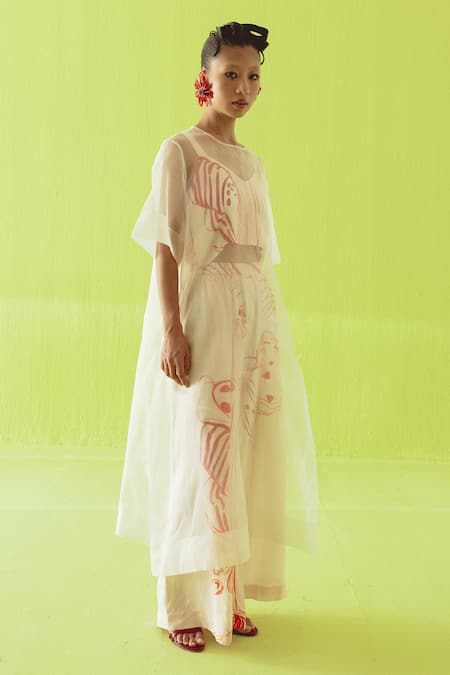 Buy_Esha Arora_Orange Sweetheart Neck, Round Printed Cotton Silk Top Set With Sheer Overlay _Online_at_Aza_Fashions