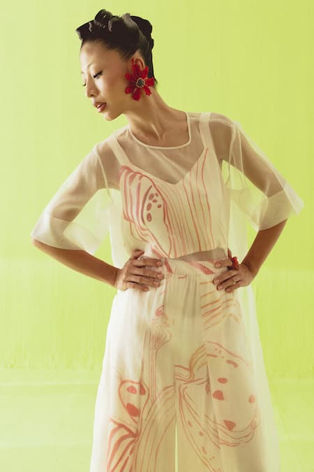 Shop_Esha Arora_Orange Sweetheart Neck, Round Printed Cotton Silk Top Set With Sheer Overlay _Online_at_Aza_Fashions