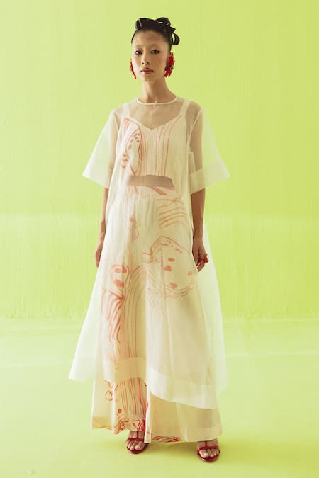 Esha Arora Printed Cotton Silk Top Set With Sheer Overlay 