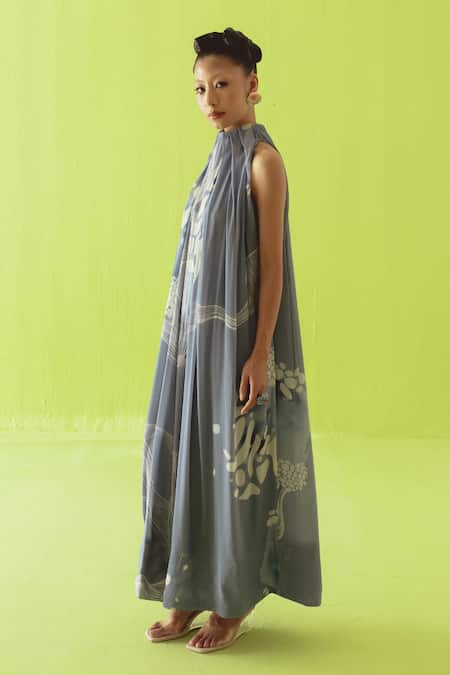 Esha Arora_Blue Crepe Halter , High Printed Dress _Online_at_Aza_Fashions