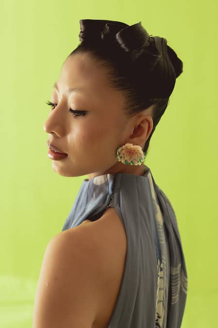 Buy_Esha Arora_Blue Crepe Halter , High Printed Dress _Online_at_Aza_Fashions