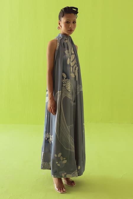 Shop_Esha Arora_Blue Crepe Halter , High Printed Dress _Online_at_Aza_Fashions