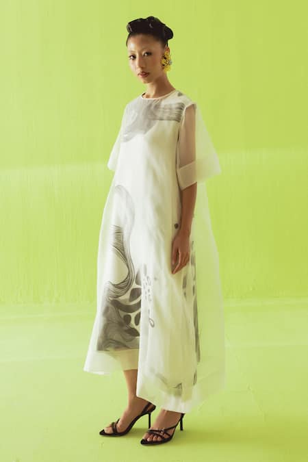 Buy_Esha Arora_Beige Silk, Cotton, Organza Round Neck Printed Midi Sheer Dress _Online_at_Aza_Fashions