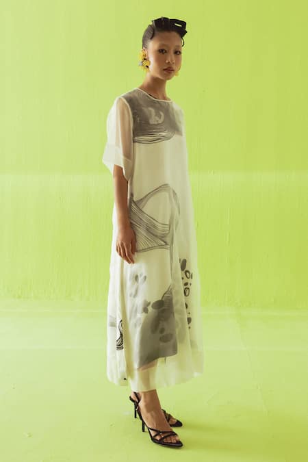 Shop_Esha Arora_Beige Silk, Cotton, Organza Round Neck Printed Midi Sheer Dress _Online_at_Aza_Fashions