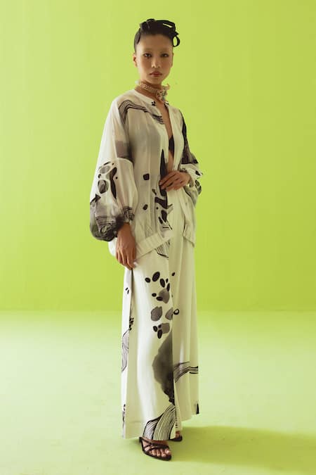 Buy_Esha Arora_Beige Silk, Cotton, Organza Mandarin Collar Monochrome Printed Top And Pant Set _Online_at_Aza_Fashions