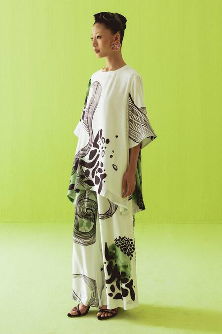 Esha Arora_Beige Silk, Cotton Round Neck Printed Top And Pant Set _Online_at_Aza_Fashions