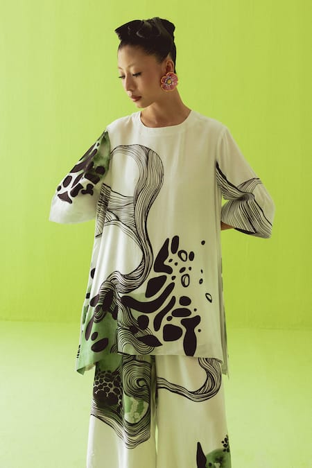 Buy_Esha Arora_Beige Silk, Cotton Round Neck Printed Top And Pant Set _Online_at_Aza_Fashions