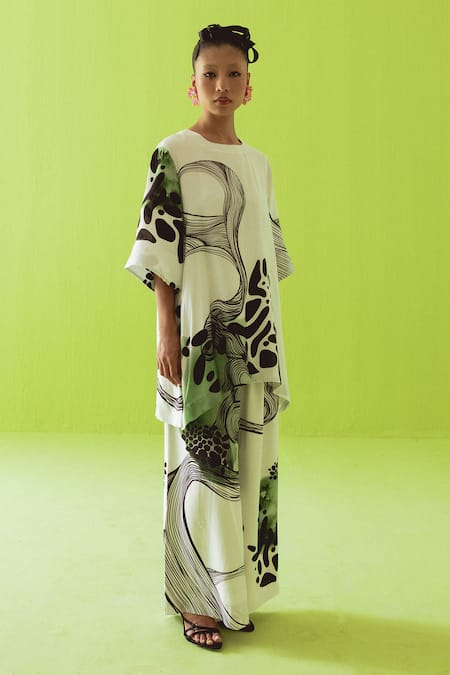 Esha Arora_Beige Silk, Cotton Round Neck Printed Top And Pant Set _at_Aza_Fashions