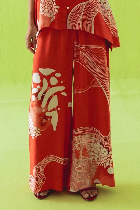 Esha Arora_Red Silk, Cotton Halter Neck Printed Top And Pant Set _Online_at_Aza_Fashions