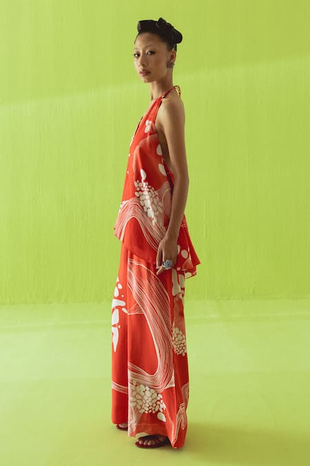 Buy_Esha Arora_Red Silk, Cotton Halter Neck Printed Top And Pant Set _Online_at_Aza_Fashions