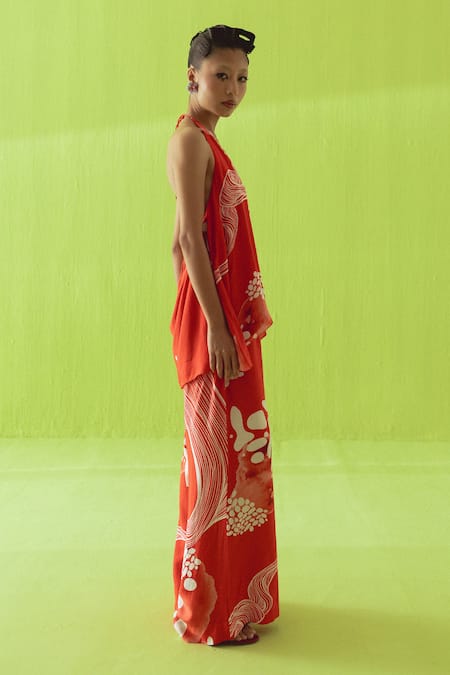 Shop_Esha Arora_Red Silk, Cotton Halter Neck Printed Top And Pant Set _Online_at_Aza_Fashions