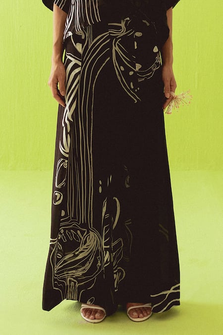 Esha Arora Black Round Neck Sheer Abstract Printed Top And Palazzo Set Online at Aza Fashions Esha Arora_Black Round Neck Sheer Abstract Printed Top And Palazzo Set _Online_at_Aza_Fashions