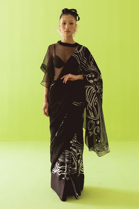 Esha Arora_Black Silk, Cotton, Organza High Neck Abstract Pattern Saree With Blouse _Online_at_Aza_Fashions