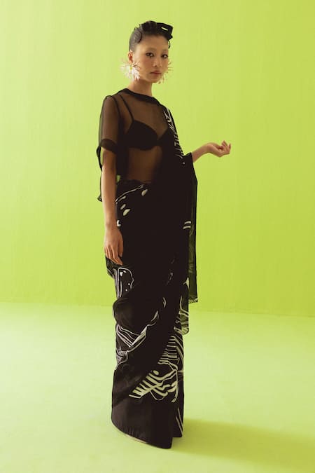 Buy_Esha Arora_Black Silk, Cotton, Organza High Neck Abstract Pattern Saree With Blouse _Online_at_Aza_Fashions