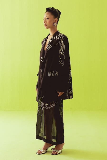 Buy_Esha Arora_Black Silk, Cotton, Organza Blazer And Skirt Set _Online_at_Aza_Fashions