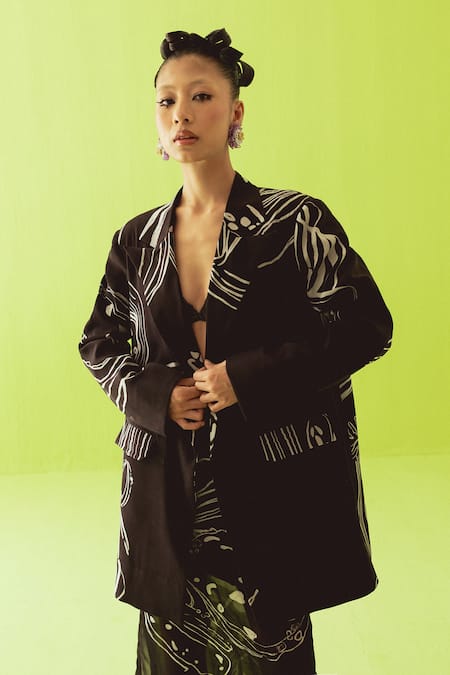 Shop_Esha Arora_Black Silk, Cotton, Organza Blazer And Skirt Set _Online_at_Aza_Fashions