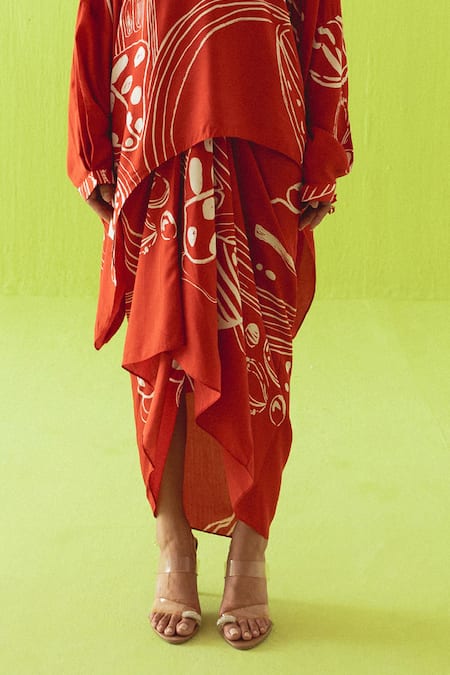 Esha Arora_Maroon Silk, Cotton Round Neck Printed Kaftan And Skirt Set _Online_at_Aza_Fashions