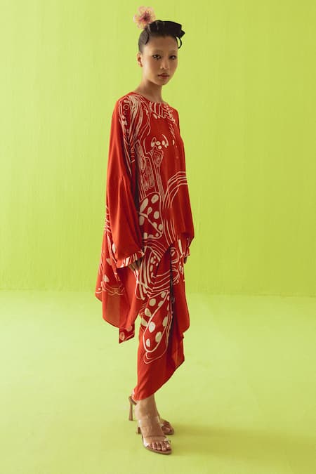 Buy_Esha Arora_Maroon Silk, Cotton Round Neck Printed Kaftan And Skirt Set _Online_at_Aza_Fashions