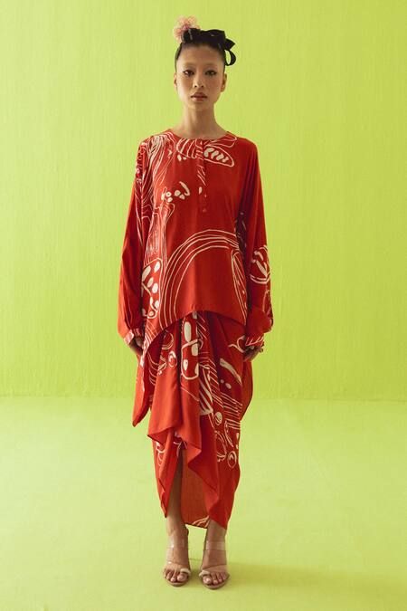 Shop_Esha Arora_Maroon Silk, Cotton Round Neck Printed Kaftan And Skirt Set _Online_at_Aza_Fashions