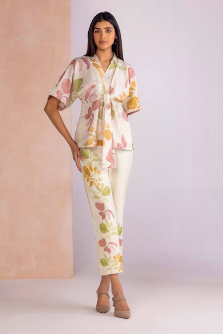 Kaveri_Off White Linen V-neck Tropical Oasis Cinched Top _Online_at_Aza_Fashions