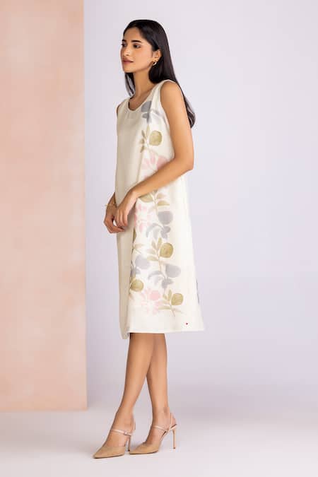 Kaveri_Off White Linen Scoop Neck Tropical Oasis Flow Dress _Online_at_Aza_Fashions