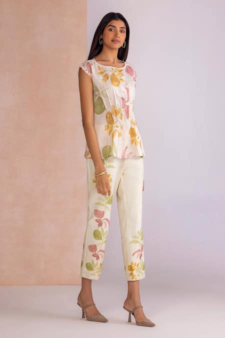 Kaveri_Off White Linen Round Neck Tropical Oasis Tuck Top _Online_at_Aza_Fashions