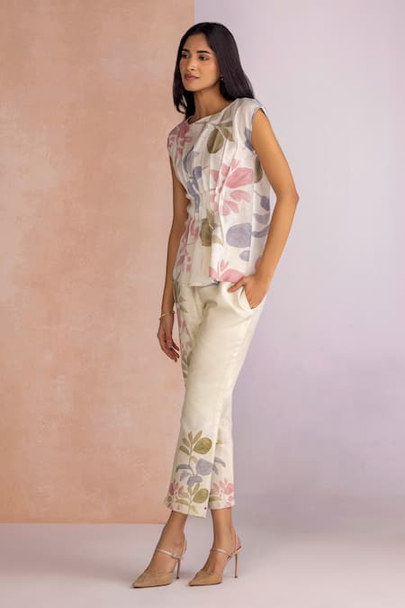 Kaveri_Off White Linen Round Neck Tropical Oasis Tuck Top _Online_at_Aza_Fashions