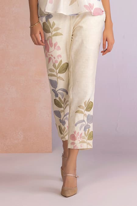 Buy Kaveri Off White Linen Round Neck Tropical Oasis Tuck Top Pant Set Online at Aza Fashions Buy_Kaveri_Off White Linen Round Neck Tropical Oasis Tuck Top Pant Set _Online_at_Aza_Fashions
