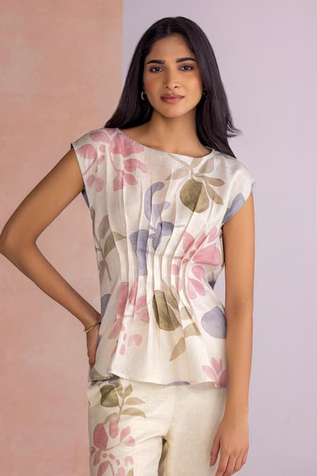 Shop Kaveri Off White Linen Round Neck Tropical Oasis Tuck Top Pant Set Online at Aza Fashions Shop_Kaveri_Off White Linen Round Neck Tropical Oasis Tuck Top Pant Set _Online_at_Aza_Fashions