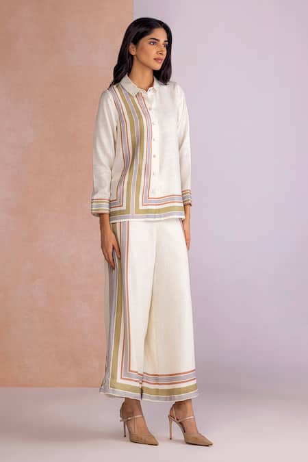 Buy_Kaveri_Off White Linen Collared Stripe Drama Shirt _Online_at_Aza_Fashions