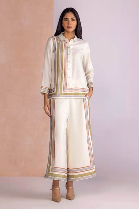 Kaveri_Off White Linen Collared Stripe Drama Shirt _at_Aza_Fashions