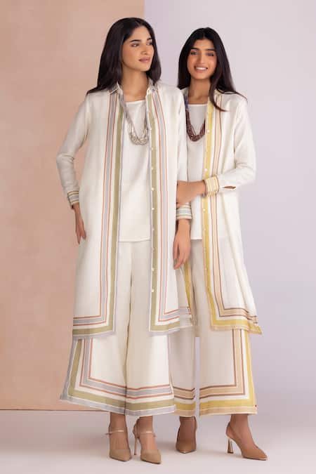 Buy_Kaveri_Off White Linen Band Collar, Round Neck Stripe Drama Jacket With Top _Online_at_Aza_Fashions