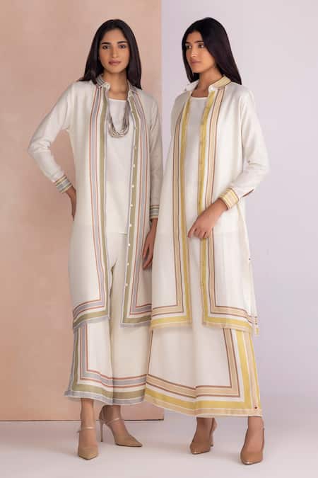 Buy_Kaveri_White Linen Band Collar, Round Neck Stripe Drama Jacket And Pant Set 