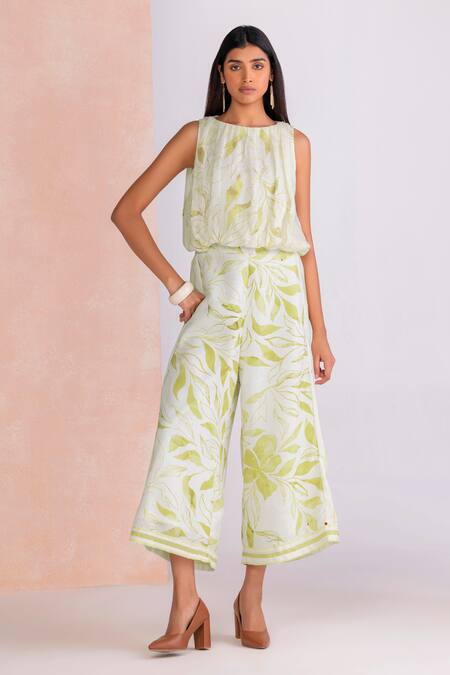 Kaveri_Off White Linen Round Neck La Feuille Bubble Top _Online_at_Aza_Fashions