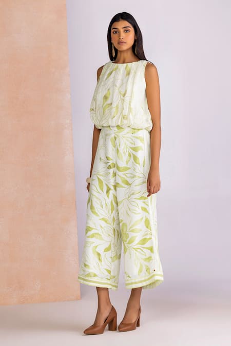 Buy_Kaveri_Off White Linen Round Neck La Feuille Bubble Top _Online_at_Aza_Fashions