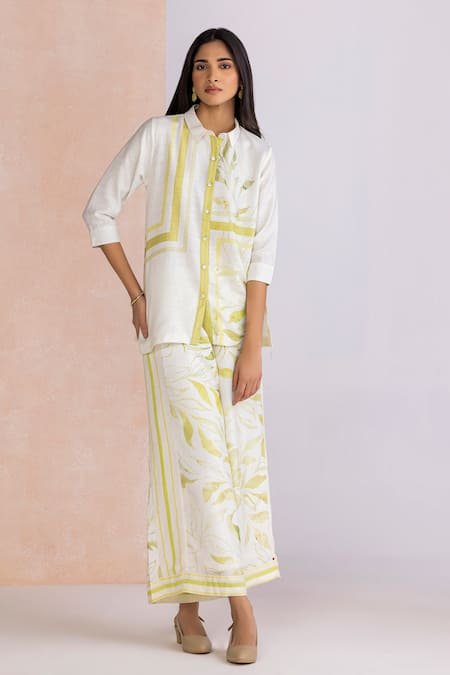 Kaveri_Green Linen Collared La Feuille Printed Shirt _Online_at_Aza_Fashions