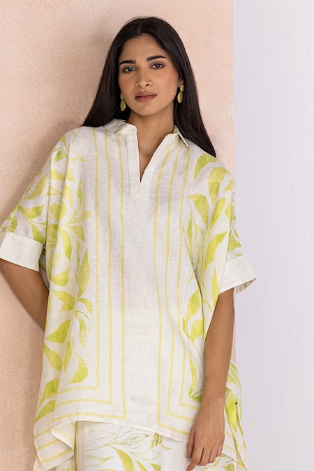 Buy Kaveri Off White Linen Mandarin Collar La Feuille Leaf Pattern Top Pant Set Online at Aza Fashions Buy_Kaveri_Off White Linen Mandarin Collar La Feuille Leaf Pattern Top Pant Set _Online_at_Aza_Fashions