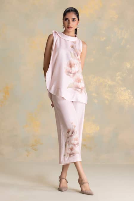 Buy Kaveri Pink Linen Shawl Neck Magnolia Cascade Sleeveless Top Online at Aza Fashions Buy_Kaveri_Pink Linen Shawl Neck Magnolia Cascade Sleeveless Top _Online_at_Aza_Fashions