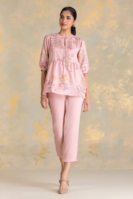 Kaveri_Pink Linen Zari, Lace Mandarin Collar Botanique Printed Top _Online_at_Aza_Fashions